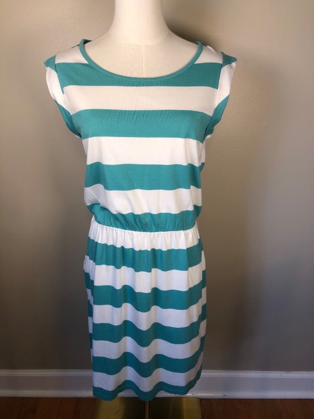 Boden Blackberry Dress Green & White Wide Stripe Lightweight Jersey Size 8R - Picture 2 of 10